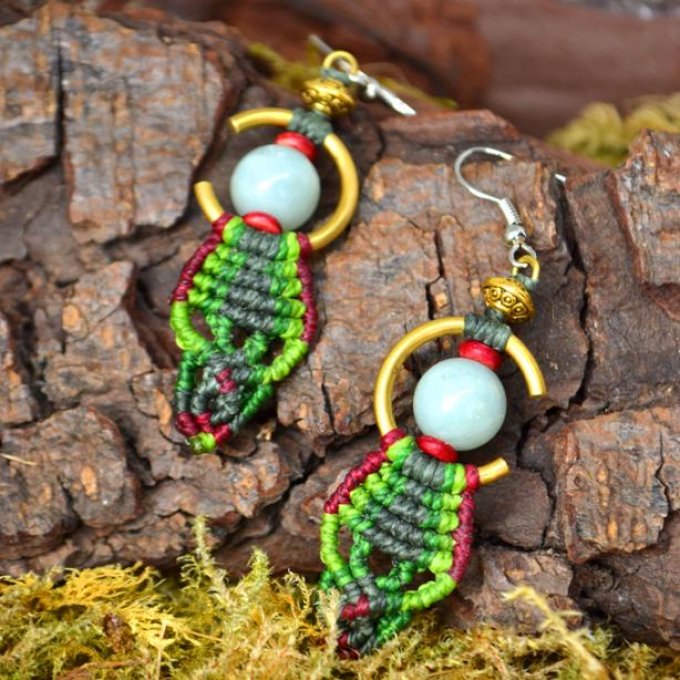 Boucles d'oreilles Djoliba, amazonite, vert et rouge