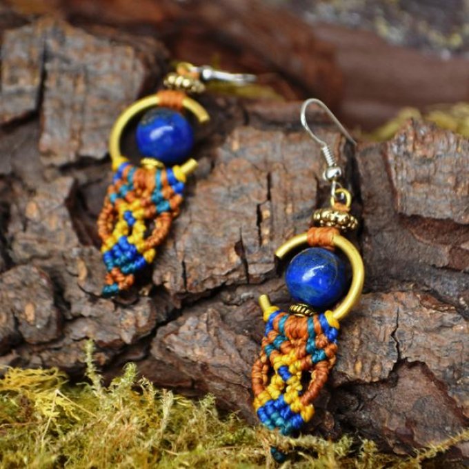 Boucles d'oreilles Djoliba, lapis lazuli, jaune et bleu