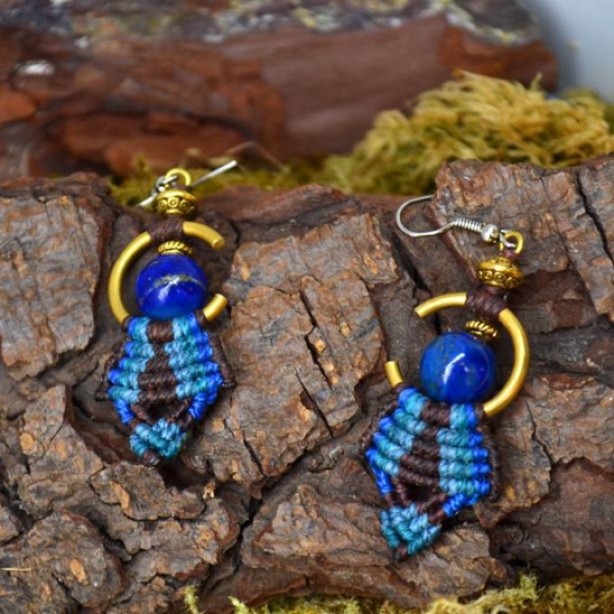 Boucle d'oreille Djoliba, lapis lazuli, bleu et marron